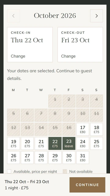 The Doonleigh Suite booking calendar and selected stay price on mobile.