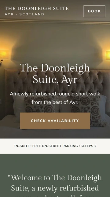 The Doonleigh Suite homepage showing accommodation in Ayr on mobile.