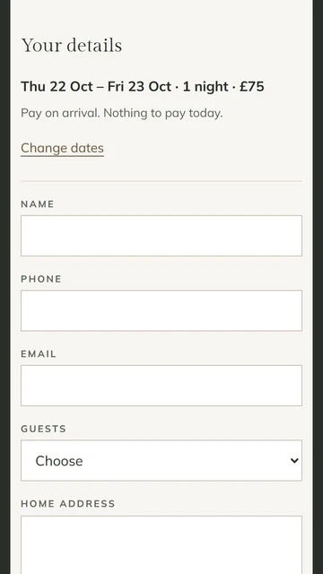 The Doonleigh Suite direct booking form and stay recap on mobile.