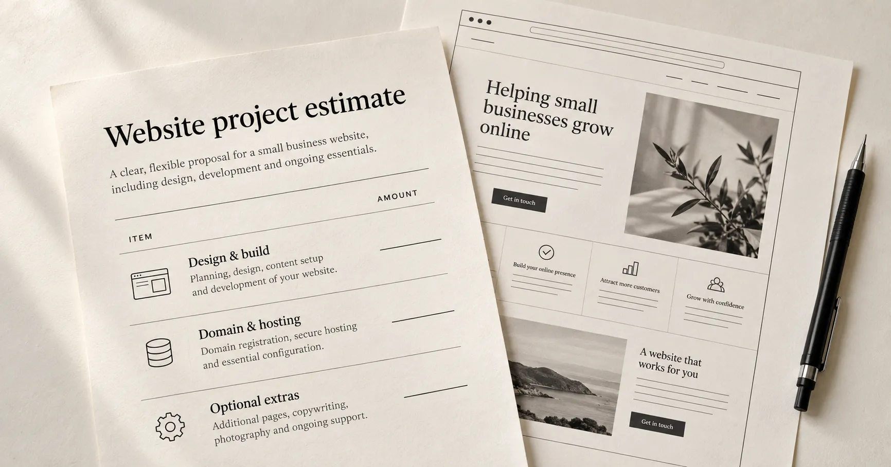 Illustrative website project estimate listing design and build, domain and hosting, and optional extras beside a printed website plan.