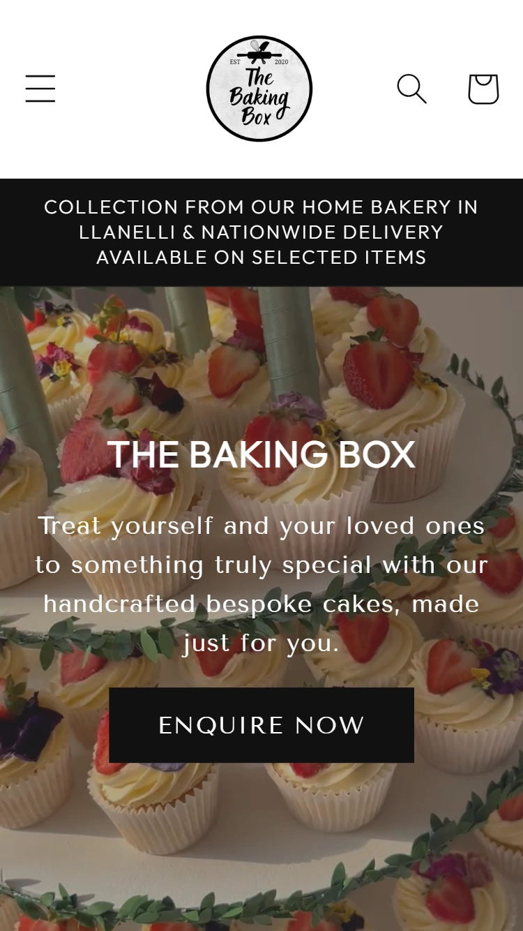 The Baking Box online store homepage on mobile