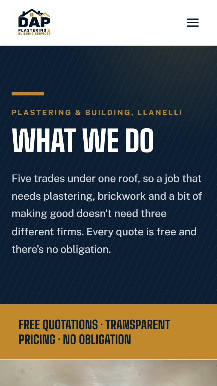 DAP Plastering services page on mobile