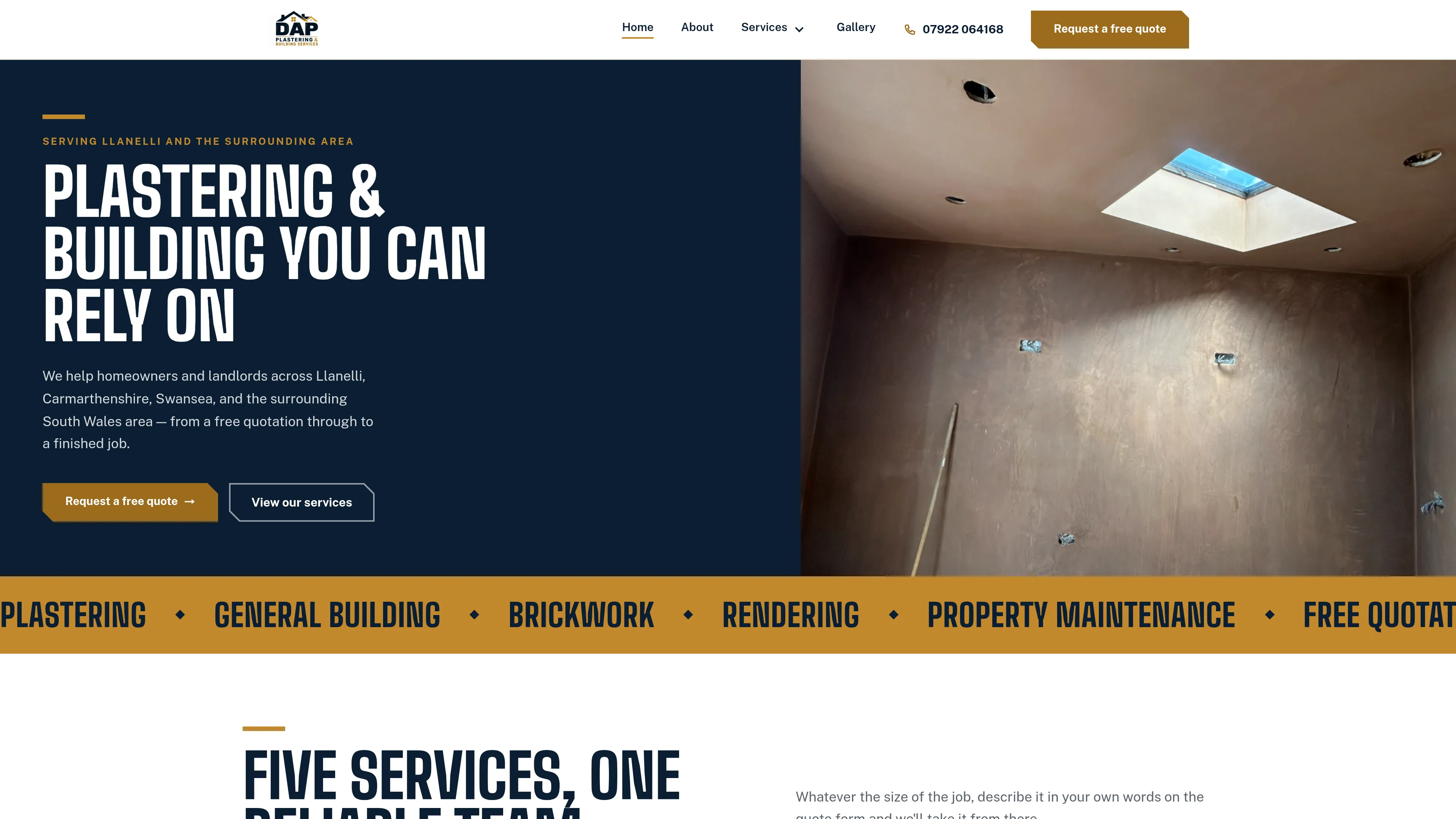 DAP Plastering homepage showing the business's plastering and building services.
