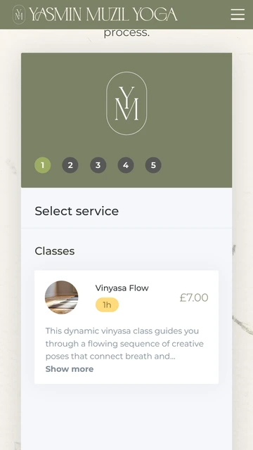 Yasmin Muzil Yoga classes page on mobile