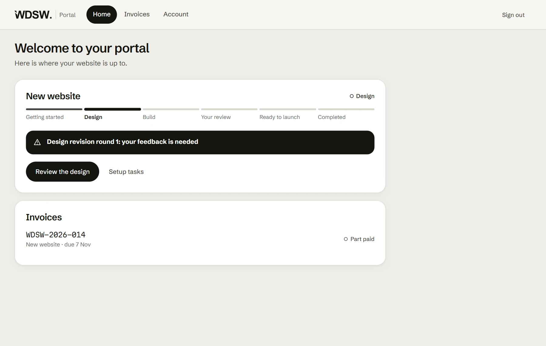Customer portal showing project progress, a feedback request and invoice status