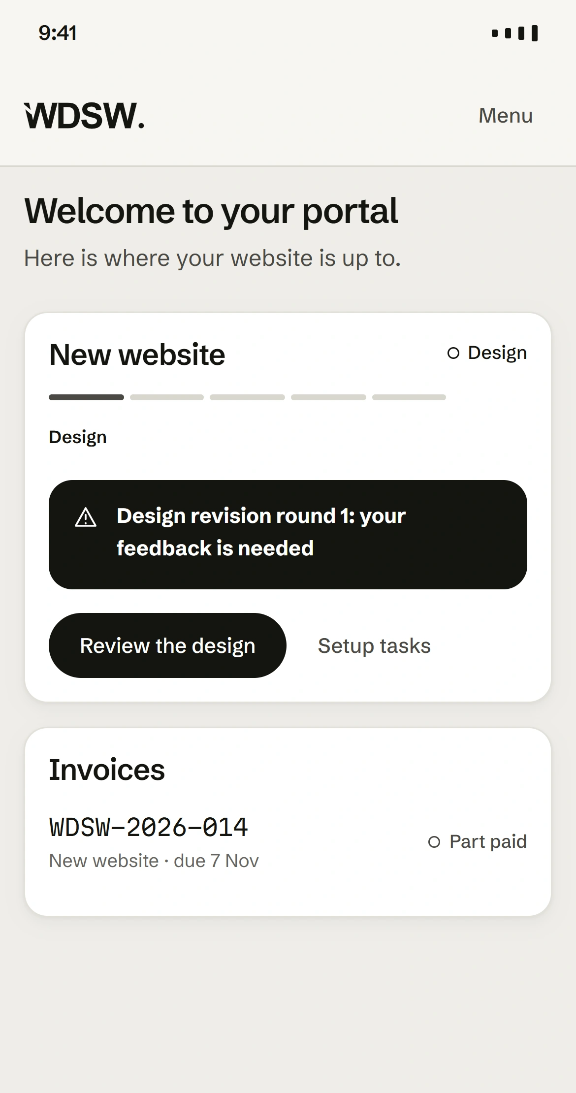 Customer portal showing project progress, a feedback request and invoice status