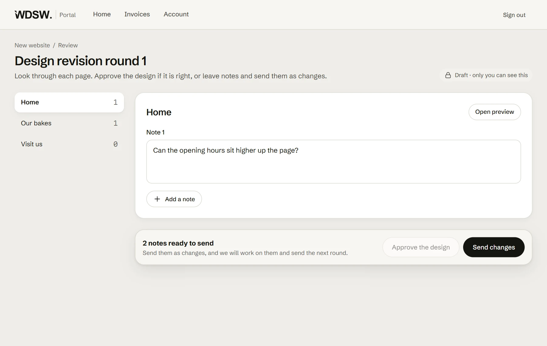 Design feedback screen with a page-specific note and a Send changes button