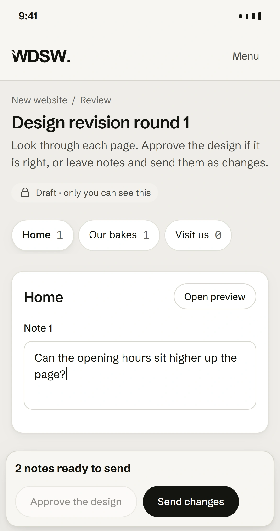 Design feedback screen with a page-specific note and a Send changes button
