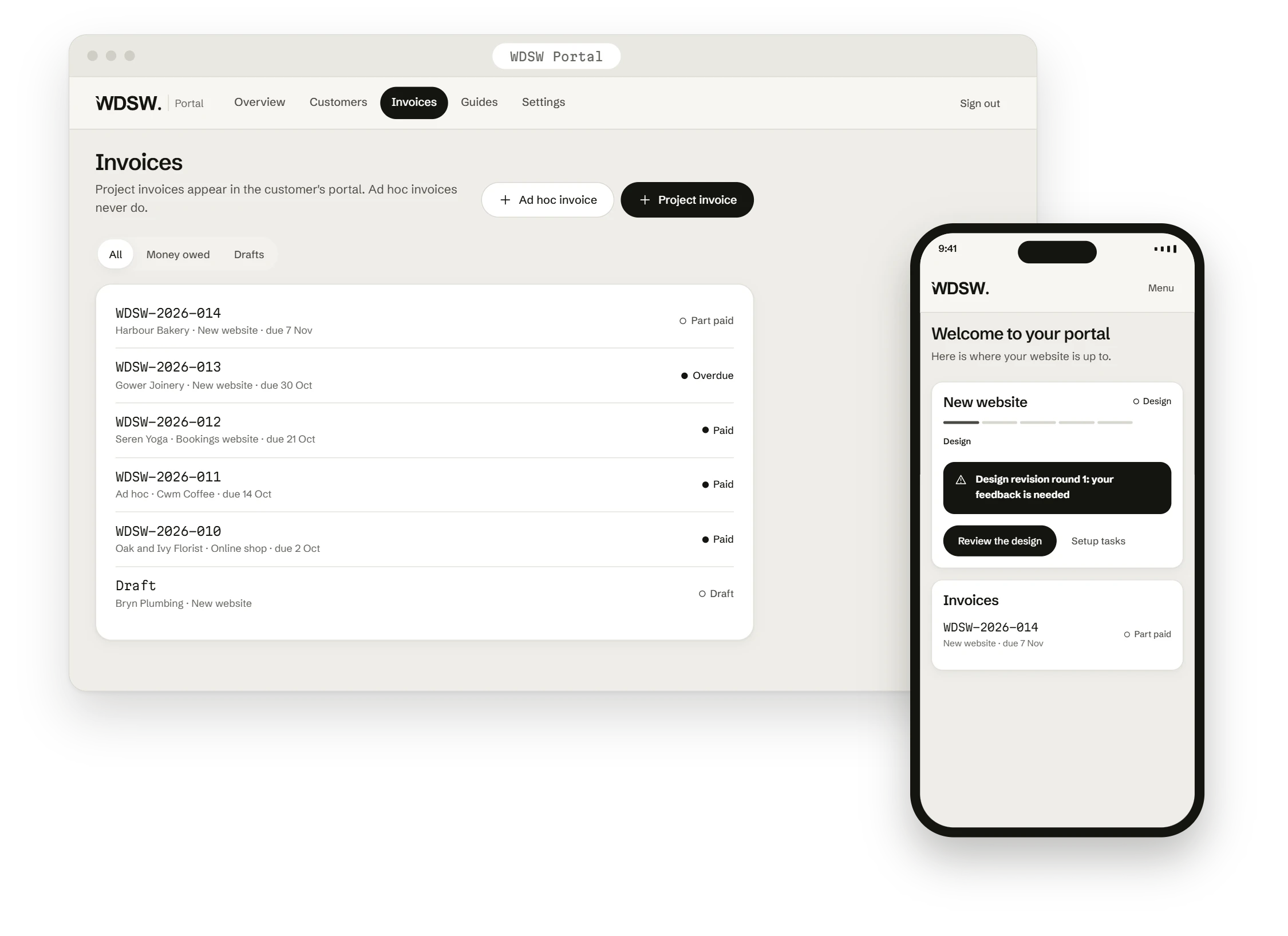 The WDSW client portal, with an invoices list marked part paid, overdue and paid, and a customer's portal open on a phone