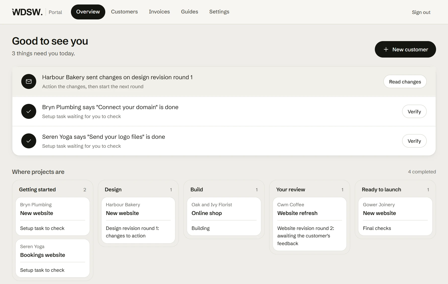 Client portal overview showing project stages and tasks needing attention