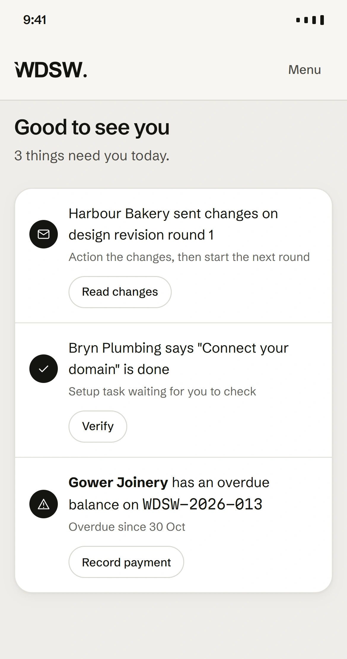 Client portal overview showing project stages and tasks needing attention