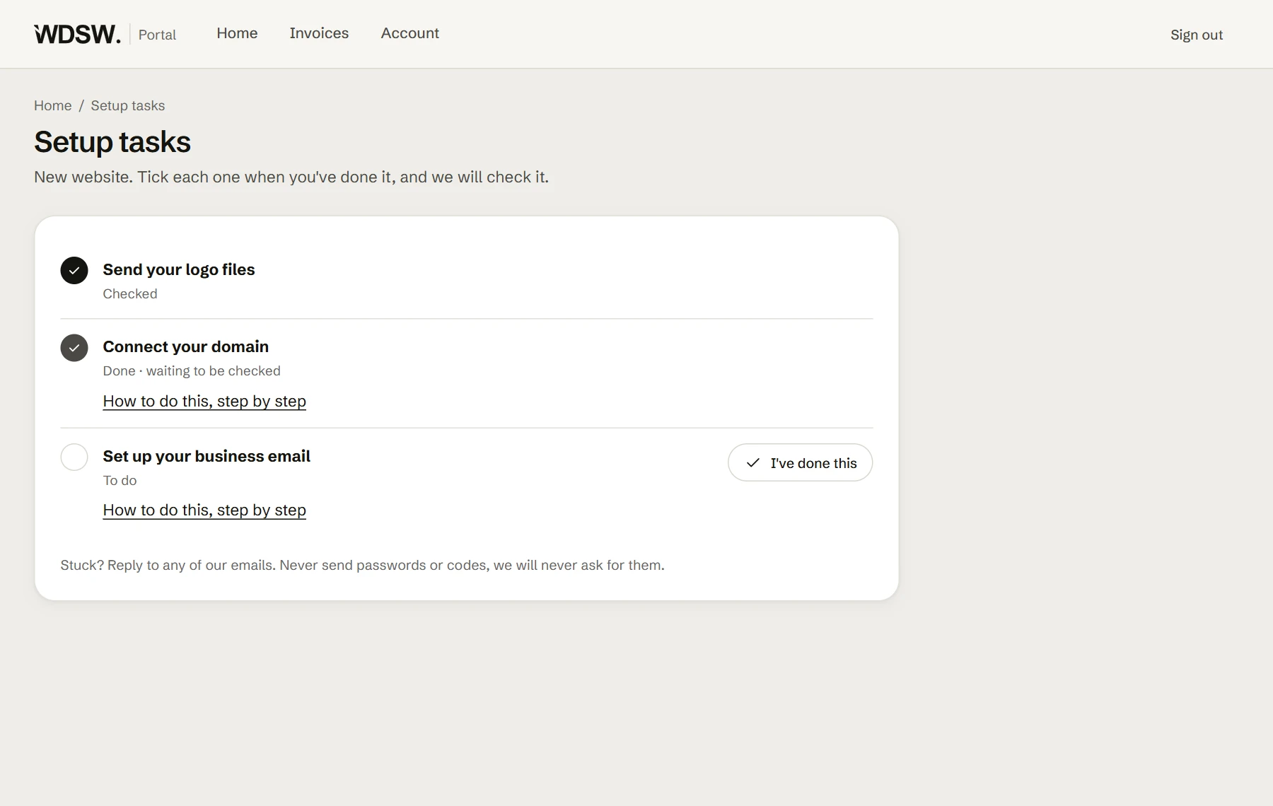 Account setup checklist showing completed and outstanding tasks