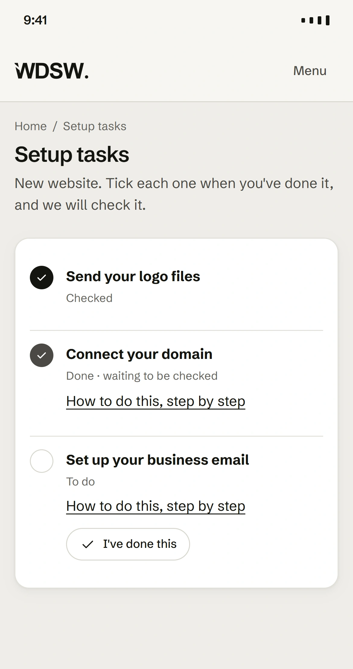 Account setup checklist showing completed and outstanding tasks